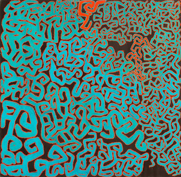 Australian Indigenous (Aboriginal and Torres Strait Islander) artwork by ROY UNDERWOOD of Spinifex Artists. The title is Miramiratjara. [18-480] (Acrylic on Linen)