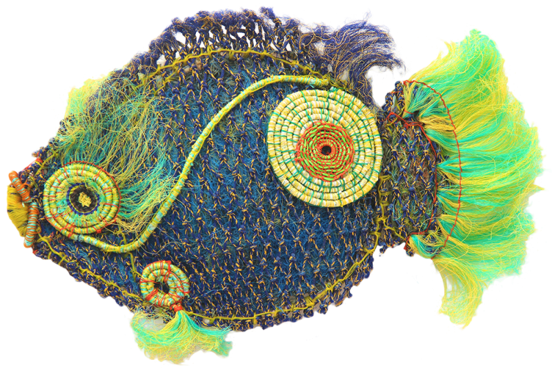 Australian Indigenous (Aboriginal and Torres Strait Islander) artwork by RACY OUI-PITT of Erub Erwer Meta. The title is Molly. [15-95] (Ghost Nets & Twine over Mesh Frame)