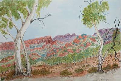 Australian Indigenous (Aboriginal and Torres Strait Islander) artwork by LENIE NAMATJIRA of Ngurratjuta Iltja Ntjarra (Many Hands). The title is Mt. Gillen, NT. [162-15] (Watercolour on Paper)
