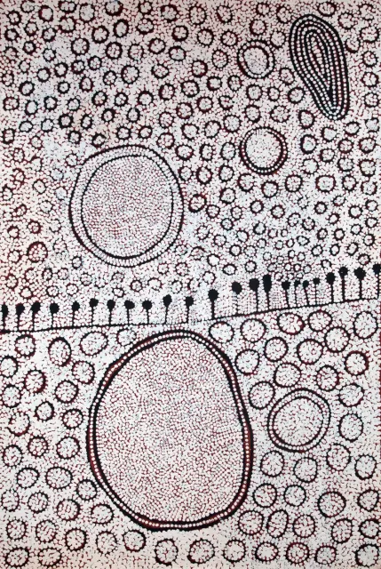 Australian Indigenous (Aboriginal and Torres Strait Islander) artwork by YINARUPA NANGALA of Papunya Tula Artists. The title is Mukula. [YN0910018] (Acrylic on Belgian Linen)