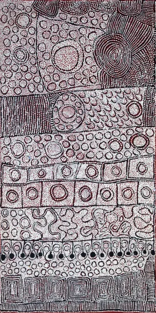 Australian Indigenous (Aboriginal and Torres Strait Islander) artwork by YINARUPA NANGALA of Papunya Tula Artists. The title is Mukula. [YN1011071] (Acrylic on Belgian Linen)