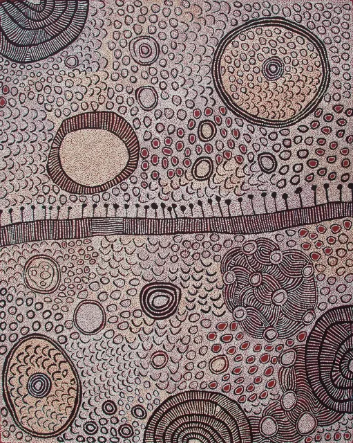 Australian Indigenous (Aboriginal and Torres Strait Islander) artwork by YINARUPA NANGALA of Papunya Tula Artists. The title is Mukula. [YN1304023] (Acrylic on Belgian Linen)