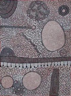Australian Indigenous (Aboriginal and Torres Strait Islander) artwork by YINARUPA NANGALA of Papunya Tula Artists. The title is Mukula. [YN1410047] (Acrylic on Belgian Linen)