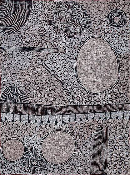 Australian Indigenous (Aboriginal and Torres Strait Islander) artwork by YINARUPA NANGALA of Papunya Tula Artists. The title is Mukula. [YN1410047] (Acrylic on Belgian Linen)