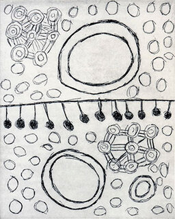 Australian Indigenous (Aboriginal and Torres Strait Islander) artwork by YINARUPA NANGALA of Papunya Tula Artists. The title is Mukula. [PR29-18/40] (Etching on Paper - Edition of 40)