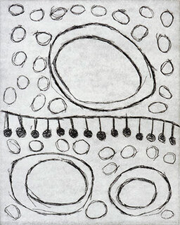 Australian Indigenous (Aboriginal and Torres Strait Islander) artwork by YINARUPA NANGALA of Papunya Tula Artists. The title is Mukula. [PR30-18/40] (Etching on Paper - Edition of 40)