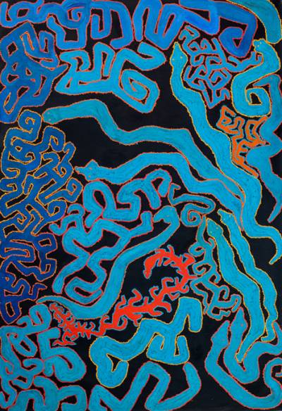 Australian Indigenous (Aboriginal and Torres Strait Islander) artwork by ROY UNDERWOOD of Spinifex Artists. The title is Mulyaya. [18-111] (Acrylic on Linen)