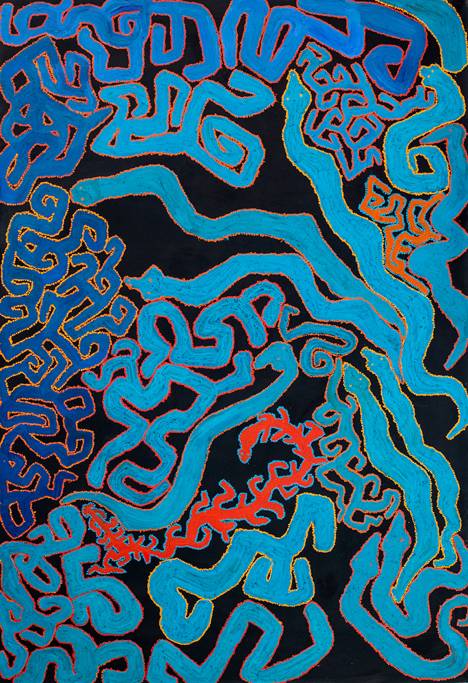 Australian Indigenous (Aboriginal and Torres Strait Islander) artwork by ROY UNDERWOOD of Spinifex Artists. The title is Mulyaya. [18-111] (Acrylic on Linen)