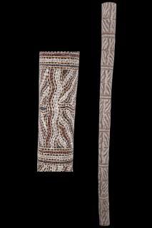 Australian Indigenous (Aboriginal and Torres Strait Islander) artwork by BARAYUWA MUNUNGGURR of Buku-Larrnggay Mulka (Yirrkala). The title is Munyuku. [3601V] (Earth Pigments on Hollow Log)