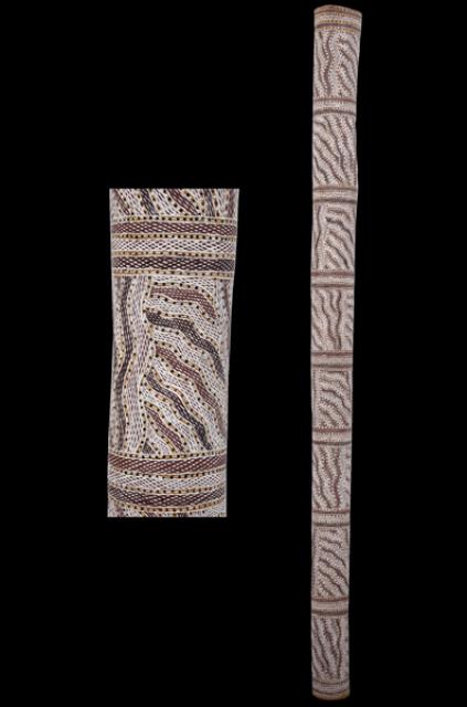 Australian Indigenous (Aboriginal and Torres Strait Islander) artwork by BARAYUWA MUNUNGGURR of Buku-Larrnggay Mulka (Yirrkala). The title is Munyuku. [3652W] (Earth Pigments on Hollow Log)