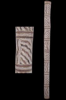 Australian Indigenous (Aboriginal and Torres Strait Islander) artwork by BARAYUWA MUNUNGGURR of Buku-Larrnggay Mulka (Yirrkala). The title is Munyuku. [3652W] (Earth Pigments on Hollow Log)