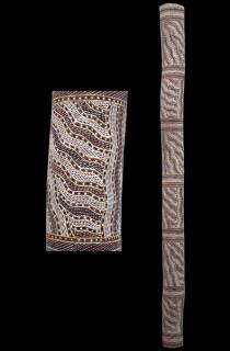 Australian Indigenous (Aboriginal and Torres Strait Islander) artwork by BARAYUWA MUNUNGGURR of Buku-Larrnggay Mulka (Yirrkala). The title is Munyuku. [3667E] (Earth Pigments on Hollow Log)