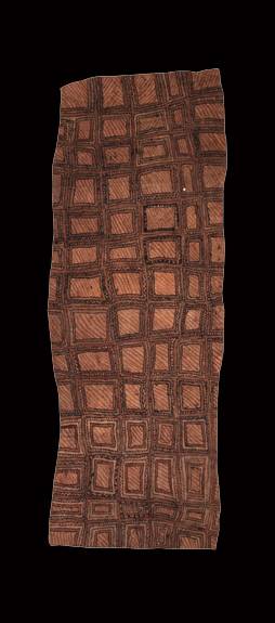 Australian Indigenous (Aboriginal and Torres Strait Islander) artwork by FATE SAVARI (ISAWDI) of Omie Artists. The title is Mwe (ije bi’weje; garor’e ohu’o gori han’e; webe ija ahe; vahuhu ija ahe; uga’areteh ohu’o tabarisé) – Gardens. [OM10-070] (Natural Pigments on Nioge (Barkcloth))