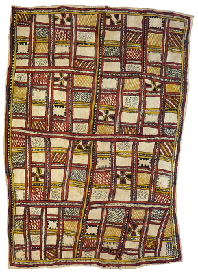 Australian Indigenous (Aboriginal and Torres Strait Islander) artwork by FATE SAVARI (ISAWDI) of Omie Artists. The title is Mweje (deje, suhé, ijo bunë, mokojö anö’e, mahuva’oje, ujë, ije bi’weje, buborianö’e, sabu deje ohu’o mi’ija’ahe) – Gardens (with yams, red pandanus, white yams, beaks of the parrot, pig hoofprints, bees, boys chopping tree branches, beaks of Blyth’s Hornbill, spots of the wood-boring grub and old animal bones found while digging in the garden). [13-029] (Natural Pigments on Nioge (Barkcloth))