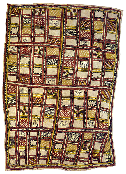 Australian Indigenous (Aboriginal and Torres Strait Islander) artwork by FATE SAVARI (ISAWDI) of Omie Artists. The title is Mweje (deje, suhé, ijo bunë, mokojö anö’e, mahuva’oje, ujë, ije bi’weje, buborianö’e, sabu deje ohu’o mi’ija’ahe) – Gardens (with yams, red pandanus, white yams, beaks of the parrot, pig hoofprints, bees, boys chopping tree branches, beaks of Blyth’s Hornbill, spots of the wood-boring grub and old animal bones found while digging in the garden). [13-029] (Natural Pigments on Nioge (Barkcloth))