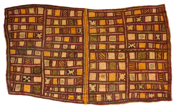 Australian Indigenous (Aboriginal and Torres Strait Islander) artwork by FATE SAVARI (ISAWDI) of Omie Artists. The title is Mweje (Mahuva’oje, Ujë, Ijo Buné, Dubi Dubi’e, Nenyai, Ije Bi’weje, Sabu Deje, Mi’ija’ahe, Buborianö’e Ohu’o Aréro Ajivé) - Gardens (Pig Hoofprints, Bees, Vine Leaves, Women’s White Seashell Forehead Adornment, Men Chopping Tree Branches, Spots of the Wood-Boring Grub, Animal Bones, Beaks of Blyth’s Hornbill, Daybreak and Tree Stump). [OM12-003] (Natural Pigments on Nioge (Woman’s Barkcloth Skirt))