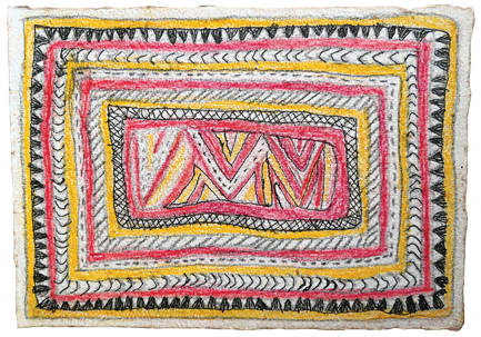 Australian Indigenous (Aboriginal and Torres Strait Islander) artwork by FATE SAVARI (ISAWDI) of Omie Artists. The title is Mweje, mi’ija’ahe, nenyai, mokojo hwe ahe ohu’o ije bi’weje - Gardens, old animal bones found while digging in the garden, women’s white seashell forehead adornment, markings of the parrot’s feathers and boys chopping tree branches. [14-205] (Pencil and Ink on Paper)