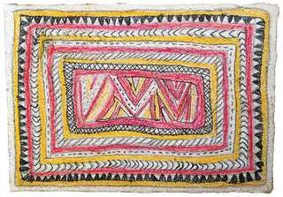 Australian Indigenous (Aboriginal and Torres Strait Islander) artwork by FATE SAVARI (ISAWDI) of Omie Artists. The title is Mweje, mi’ija’ahe, nenyai, mokojo hwe ahe ohu’o ije bi’weje - Gardens, old animal bones found while digging in the garden, women’s white seashell forehead adornment, markings of the parrot’s feathers and boys chopping tree branches. [14-205] (Pencil and Ink on Paper)