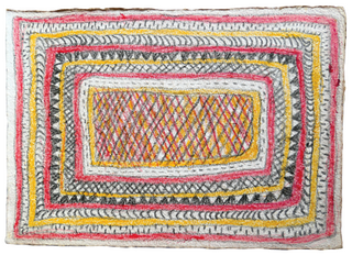 Australian Indigenous (Aboriginal and Torres Strait Islander) artwork by FATE SAVARI (ISAWDI) of Omie Artists. The title is Mweje, mi’ija’ahe, nenyai, mokojo hwe ahe ohu’o ije bi’weje - Gardens, old animal bones found while digging in the garden, women’s white seashell forehead adornment, markings of the parrot’s feathers and boys chopping tree branches. [14-206] (Pencil and Ink on Paper)