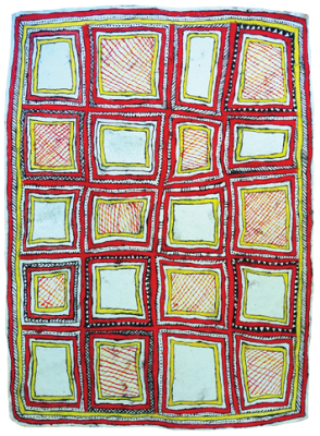 Australian Indigenous (Aboriginal and Torres Strait Islander) artwork by FATE SAVARI (ISAWDI) of Omie Artists. The title is Mweje (ohu’o sabu deje, ije biwej’e, moköjö bineb’e, buboriano’e, mi’ija’ahe ohu’o dubudubi han’e) - Gardens (with spots of the wood-boring grub, boys chopping tree branches, chest feathers of the red parrot, beaks of the Papuan Hornbill, animal bones found while digging in the garden, and leaves of the dubi’e plant). [15-202] (Paint, Pencil and Ink on Paper)