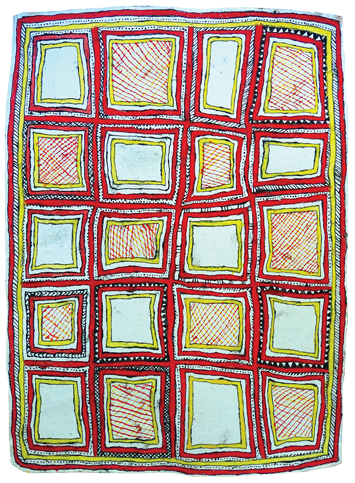 Australian Indigenous (Aboriginal and Torres Strait Islander) artwork by FATE SAVARI (ISAWDI) of Omie Artists. The title is Mweje (ohu’o sabu deje, ije biwej’e, moköjö bineb’e, buboriano’e, mi’ija’ahe ohu’o dubudubi han’e) - Gardens (with spots of the wood-boring grub, boys chopping tree branches, chest feathers of the red parrot, beaks of the Papuan Hornbill, animal bones found while digging in the garden, and leaves of the dubi’e plant). [15-202] (Paint, Pencil and Ink on Paper)