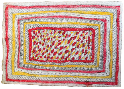 Australian Indigenous (Aboriginal and Torres Strait Islander) artwork by FATE SAVARI (ISAWDI) of Omie Artists. The title is Mweje, sabu ahe, ije biweje ohu’o mokojo hwe ahe - Gardens, spots of the wood-boring grub, boys chopping tree branches and markings of the parrot’s feathers. [14-202] (Pencil and Ink on Paper)