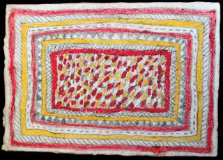 Australian Indigenous (Aboriginal and Torres Strait Islander) artwork by FATE SAVARI (ISAWDI) of Omie Artists. The title is Mweje, sabu ahe, ije biweje ohu’o mokojo hwe ahe - Gardens, spots of the wood-boring grub, boys chopping tree branches and markings of the parrot’s feathers. [14-202] (Pencil and Ink on Paper)