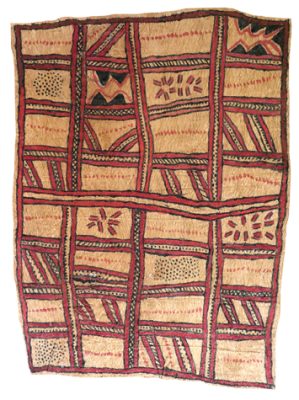 Australian Indigenous (Aboriginal and Torres Strait Islander) artwork by FATE SAVARI (ISAWDI) of Omie Artists. The title is Mweje (sabu deje, mi’ija’ahe, ije bi’weje, dubidubi’e, nenyai, mahuva’oje ohu’o ujë) - Gardens (with spots of the wood-boring grub; animal bones found while digging in the garden; boys chopping tree branches; leaves of the dubi’e plant that grows on the mountaintop; women’s woven white shell headband; pig hoof-prints and bees). [18-036] (Natural Pigments on Nioge (Woman’s Barkcloth Skirt))