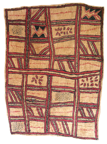 Australian Indigenous (Aboriginal and Torres Strait Islander) artwork by FATE SAVARI (ISAWDI) of Omie Artists. The title is Mweje (sabu deje, mi’ija’ahe, ije bi’weje, dubidubi’e, nenyai, mahuva’oje ohu’o ujë) - Gardens (with spots of the wood-boring grub; animal bones found while digging in the garden; boys chopping tree branches; leaves of the dubi’e plant that grows on the mountaintop; women’s woven white shell headband; pig hoof-prints and bees). [18-036] (Natural Pigments on Nioge (Woman’s Barkcloth Skirt))