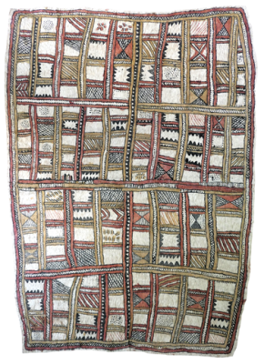 Australian Indigenous (Aboriginal and Torres Strait Islander) artwork by FATE SAVARI (ISAWDI) of Omie Artists. The title is Mweje (Sabu deje, nenyai, ije biweje, dubidubi’e, mi’ija’ahe, moköjö bineb’e, mahuva’oje, ujë, ohu’o buborianö’e) - Gardens (with spots of the wood-boring grub, women’s white seashell forehead adornment, boys chopping tree branches, small white plants that grow on mountaintops, old animal bones found while digging in the garden, pig hoof-prints, bees, chest feathers of the red parrot and beaks of the Papuan Hornbill). [18-034] (Natural Pigments on Nioge (Woman’s Barkcloth Skirt))