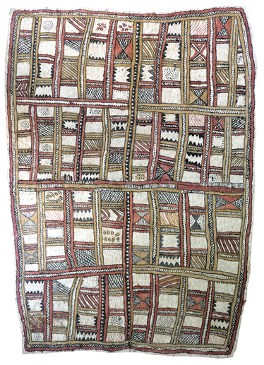 Australian Indigenous (Aboriginal and Torres Strait Islander) artwork by FATE SAVARI (ISAWDI) of Omie Artists. The title is Mweje (Sabu deje, nenyai, ije biweje, dubidubi’e, mi’ija’ahe, moköjö bineb’e, mahuva’oje, ujë, ohu’o buborianö’e) - Gardens (with spots of the wood-boring grub, women’s white seashell forehead adornment, boys chopping tree branches, small white plants that grow on mountaintops, old animal bones found while digging in the garden, pig hoof-prints, bees, chest feathers of the red parrot and beaks of the Papuan Hornbill). [18-034] (Natural Pigments on Nioge (Woman’s Barkcloth Skirt))