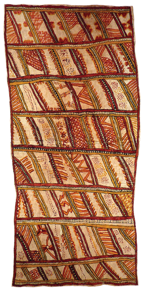 Australian Indigenous (Aboriginal and Torres Strait Islander) artwork by FATE SAVARI (ISAWDI) of Omie Artists. The title is Mweje (Sabu deje, nenyai, ije biweje, ijo bunë, dubidubi’e, mi’ija’ahe, moköjö bineb’e, mahuva’oje, ujë, buborianö’e, jä’ino carticarti) - Gardens (with spots of the wood-boring grub, women’s white seashell forehead adornment, boys chopping tree branches, small white plants that grow on mountaintops, old animal bones found while digging in the garden, pig hoof-prints, bees, chest feathers of the red parrot, beaks of the Papuan Hornbill, markings of the stones at Uborida). [15-048] (Natural Pigments on Nioge (Woman’s Barkcloth Skirt))