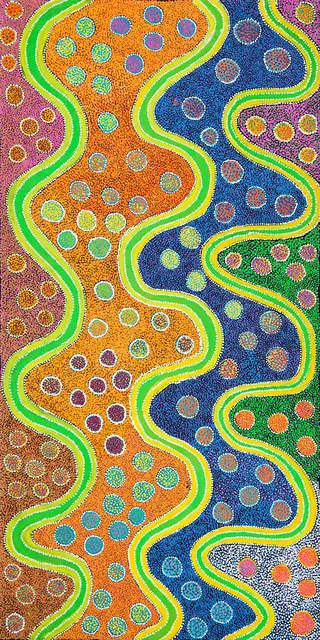 Australian Indigenous (Aboriginal and Torres Strait Islander) artwork by ANN (FRANCES) NOWEE (NANGURI) of Warlayirti Artists (Balgo). The title is Nynmi. [201/15] (Acrylic on Linen)
