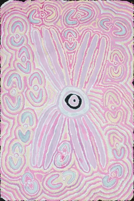 Australian Indigenous (Aboriginal and Torres Strait Islander) artwork by DORA MUNGKIRNA of Warlayirti Artists (Balgo). The title is Ngatijirri. [740/08] (Acrylic on Linen)