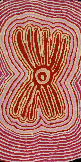 Australian Indigenous (Aboriginal and Torres Strait Islander) artwork by DORA MUNGKIRNA of Warlayirti Artists (Balgo). The title is Ngatijirri. [1144/08] (Acrylic on Linen)