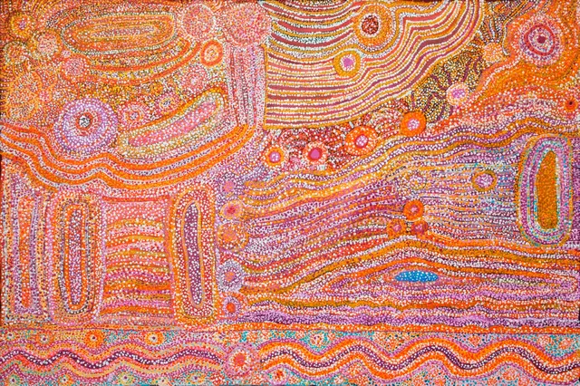 Australian Indigenous (Aboriginal and Torres Strait Islander) artwork by EVA NAGOMARA of Warlayirti Artists (Balgo). The title is Nurududu. [204/09] (Acrylic on Linen)