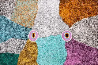 Australian Indigenous (Aboriginal and Torres Strait Islander) artwork by LUCY LOOMOO of Warlayirti Artists (Balgo). The title is Nyakungtjuungku. [551/09] (Acrylic on Linen)