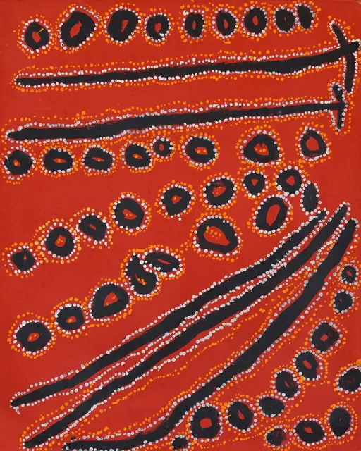 Australian Indigenous (Aboriginal and Torres Strait Islander) artwork by LAWRENCE PENNINGTON of Spinifex Artists. The title is Nyuman. [15-106] (Acrylic on Linen)