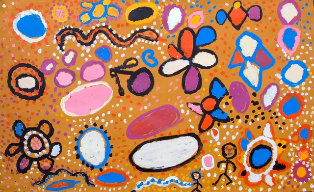Australian Indigenous (Aboriginal and Torres Strait Islander) artwork by SANDY BRUMBY of Ninuku Arts. The title is Ngayuku Ngura. [NKSB10323] (Acrylic on Linen)