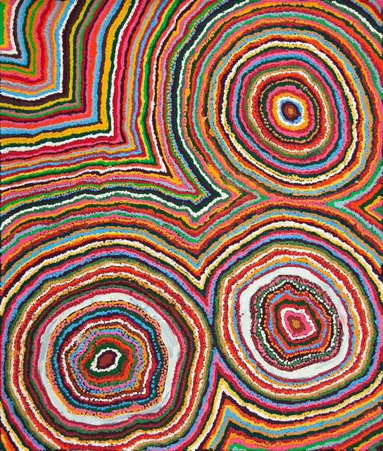 Australian Indigenous (Aboriginal and Torres Strait Islander) artwork by SAMUEL MILLER of Ninuku Arts. The title is Ngayuku Ngura. [NKSM11539] (Acrylic on Belgian Linen)