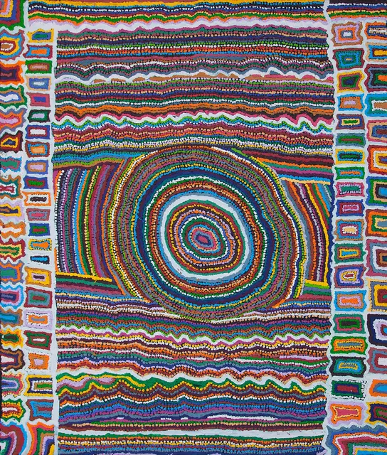 Australian Indigenous (Aboriginal and Torres Strait Islander) artwork by SAMUEL MILLER of Ninuku Arts. The title is Ngayuku Ngura. [14-152] (Acrylic on Linen)