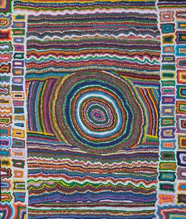 Australian Indigenous (Aboriginal and Torres Strait Islander) artwork by SAMUEL MILLER of Ninuku Arts. The title is Ngayuku Ngura. [14-152] (Acrylic on Linen)