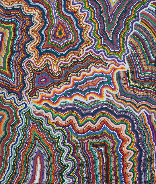Australian Indigenous (Aboriginal and Torres Strait Islander) artwork by SAMUEL MILLER of Ninuku Arts. The title is Ngayuku Ngura. [14-398] (Acrylic on Linen)