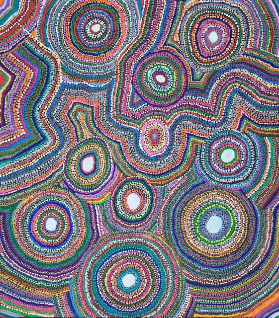 Australian Indigenous (Aboriginal and Torres Strait Islander) artwork by SAMUEL MILLER of Ninuku Arts. The title is Ngayuku Ngura. [15-65] (Acrylic on Linen)