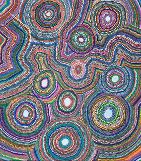 Australian Indigenous (Aboriginal and Torres Strait Islander) artwork by SAMUEL MILLER of Ninuku Arts. The title is Ngayuku Ngura. [15-65] (Acrylic on Linen)