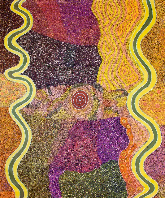 Australian Indigenous (Aboriginal and Torres Strait Islander) artwork by VARIOUS WARLAYIRTI ARTISTS (COLLABORATIVE) of Warlayirti Artists (Balgo). The title is Nynmi. [137-16] (Acrylic on Linen)