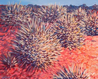 Australian Indigenous (Aboriginal and Torres Strait Islander) artwork by SARAH BROWN of Miscellaneous Artists. The title is Next to the Airstrip. [SB201610037] (Acrylic on Gesso Board)