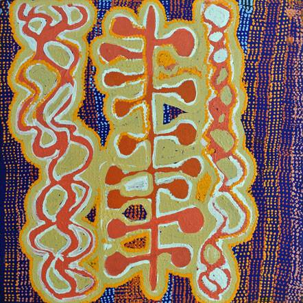 Australian Indigenous (Aboriginal and Torres Strait Islander) artwork by MOLLY NAPURRURLA MARTIN of Warlukurlangu Artists (Yuendumu). The title is Ngalyipi Jukurrpa (Snake Vine Dreaming) - Yanjirlpiri. [811/12ny] (Acrylic on Belgian Linen)