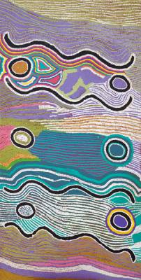 Australian Indigenous (Aboriginal and Torres Strait Islander) artwork by MAGGIE NAPANGARDI WATSON of Warlukurlangu Artists (Yuendumu). The title is Ngalyipi (Snake Vine) Jukurrpa. [116/97] (Acrylic on Canvas)