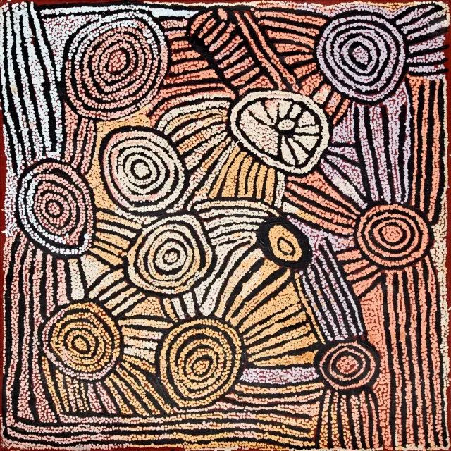 Australian Indigenous (Aboriginal and Torres Strait Islander) artwork by NANCY NUNGURRAYI of Papunya Tula Artists. The title is Ngaminya. [NN0901138] (Acrylic on Linen)